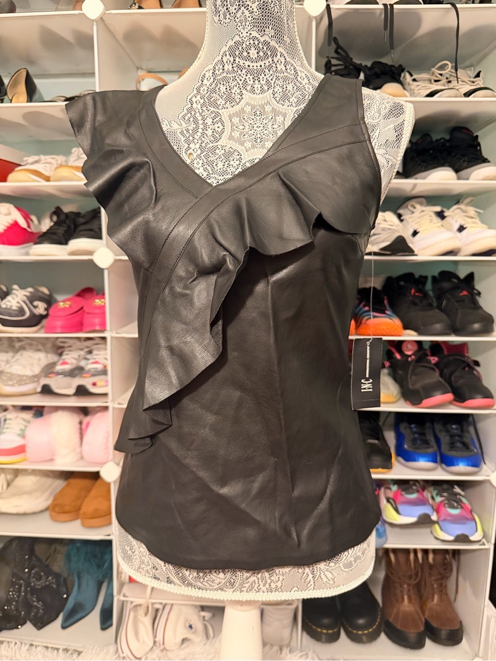 Sleeveless Black Faux Leather Ruffle V-Neck Top NWT size XS